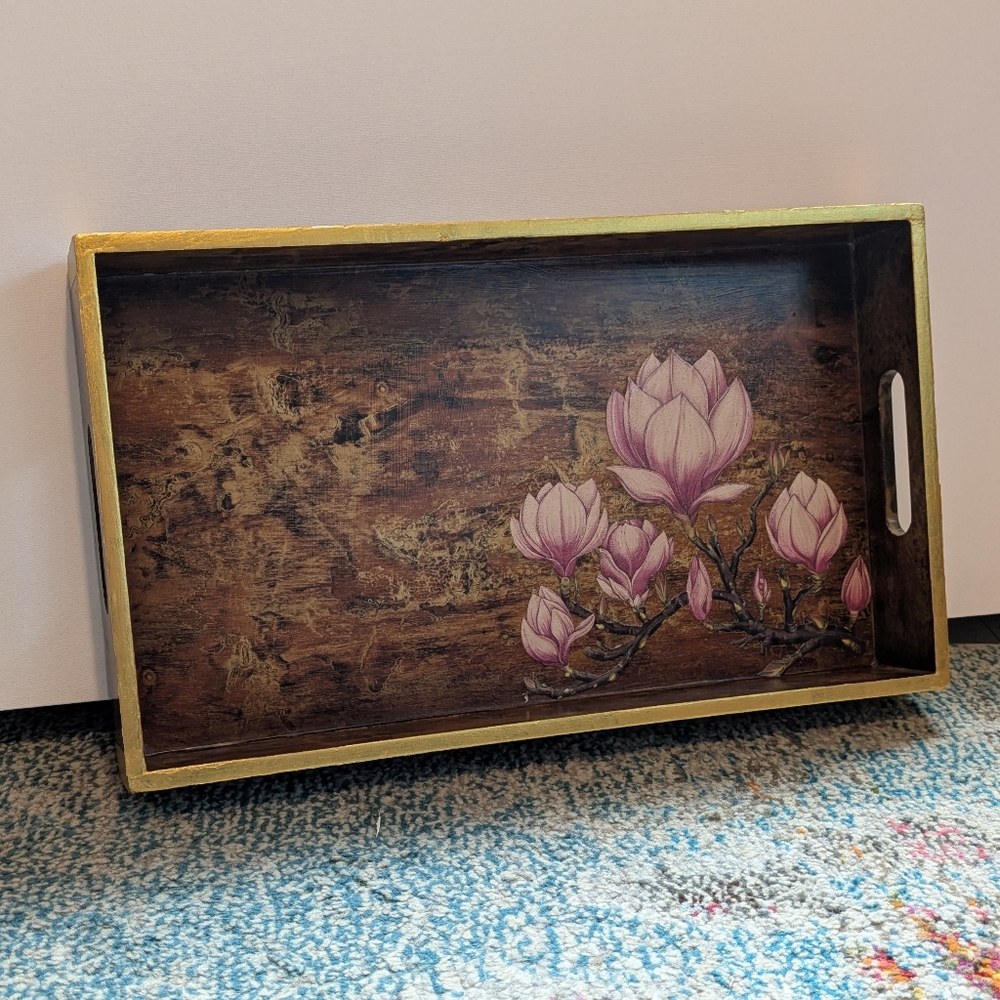 Vintage Lotus Flower Wood Serving Tray Gold Trim Decoupaged Handles